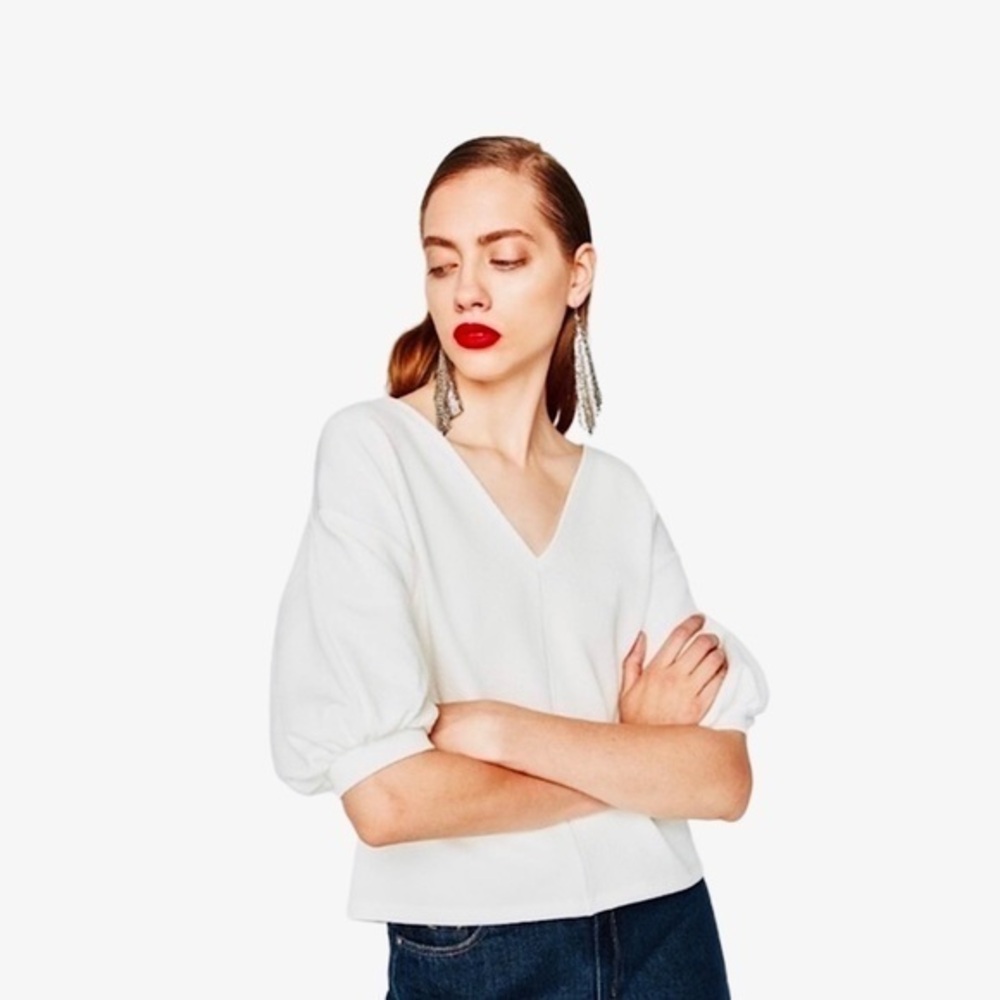 Zara Top V-neck Puff Sleeves Crepe Blouse White